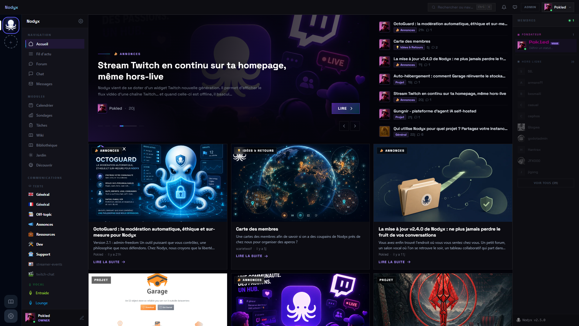 Nodyx homepage with drag-and-drop builder, 11 layout zones, widgets